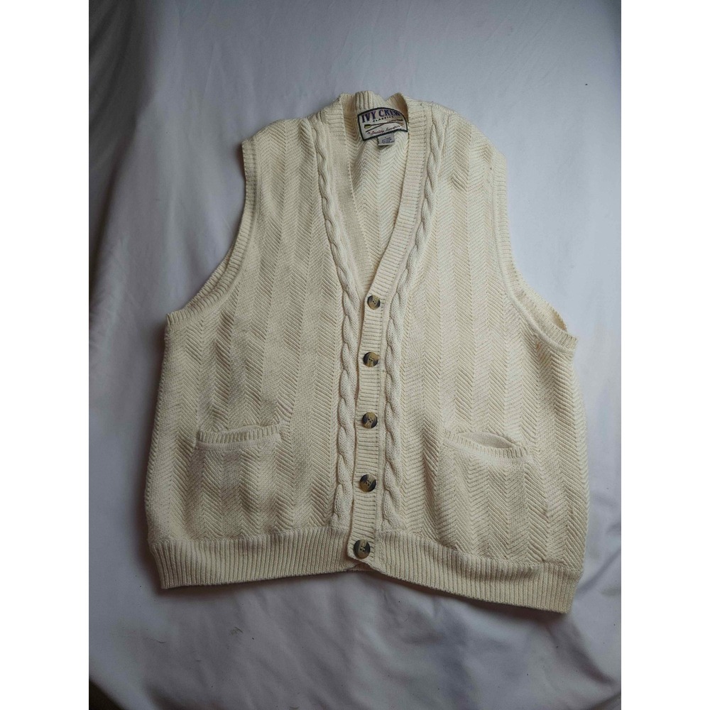 Ivy Crew Classics Mens Large Cream Cable Knit Button Front Sweater Vest Vintage